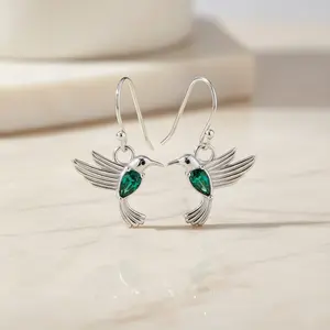 Hummingbird Earrings Sterling Silver | Flying Bird Earrings with Emerald Accent | Nature Jewelry Gift