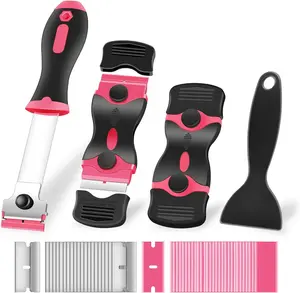 4 Pack Razor Blade Scraper, Premium Cleaning Scraper Tool with 50 PCS Metal & Plastic Razor Blades, Multi-Purpose Glass Scraper for Windows, Sticker, Decals, Cooktop, Paint Removal (Pink)