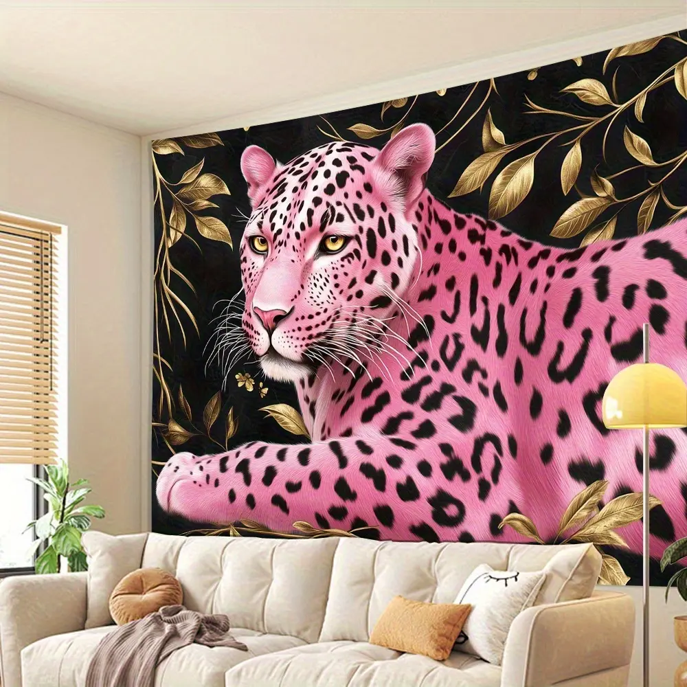 Lightweight Leopard Print Tapestry with Glam Style Pink Design & Golden Leaves, Peach-Skin Fabric Wall Hanging, Room Decor for Living Room, Bedroom