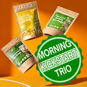【FreshDrinkUS】 Morning Kickstart Trio, Fennel Seed, Ginger Root & Spearmint Leaf Herbal Tea Bags, 100% Natural & Pure Seeds and Leaves, Biodegradable Tea Bags, No Sugar, No Caffeine, No Gluten, Vegan – Herbal Beverage