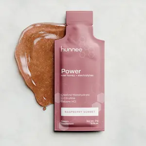 HUNNEE Power | Raw Honey Electrolytes Dietary Supplement with Creatine Monohydrate, L-Citrulline & Betaine HCl | Gluten-Free, Nut-Free, Non-GMO, Plant-Based | Raspberry Sorbet Flavor | 21g (14 Sachets)