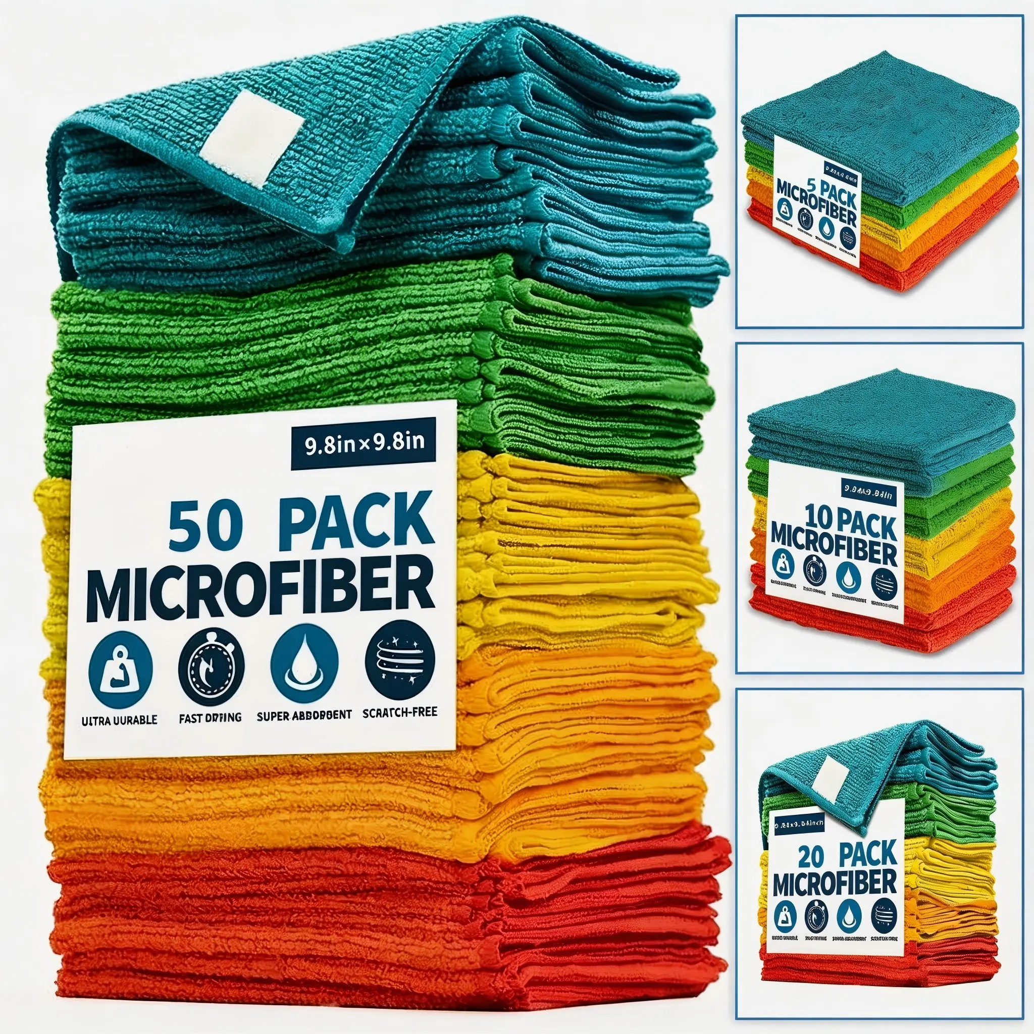 Ultra Absorbent Quick-Dry Microfiber Cloths, 9.84x9.84in, Super Absorbent, Scratch-Free, Ideal for Kitchen, Bathroom, Living Room, Pack