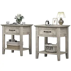 Set of 2 Grey Nightstands End Table with Storage Drawer and Shelf, Wood Night Stand Modern Side Table for Living Room, Bedroom, Dorm, Easy Assembly