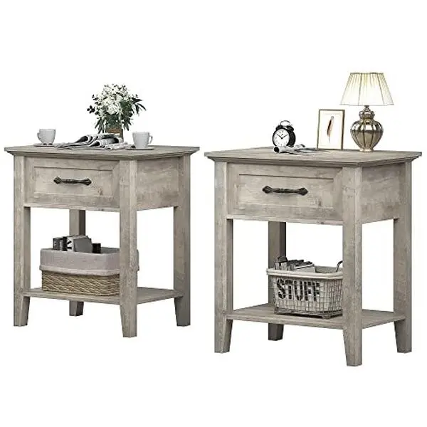 Modern Grey Wood 2-Piece Nightstands with Storage Drawer and Shelf, Easy Assembly and Cleaning End Side Tables for Bedroom, Office, Indoor Furniture