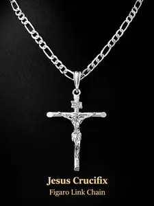 925 Silver Plated Rustic Cross 3" Necklace 24" 4mm Rope Figaro Chain Gold Crucifix Jewelry Gifts