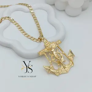 Yordy Cuban link chain, 5mm thick and 24 inches long, with an anchor and Christ pendant, elegant design, 14k gold plated, high quality.