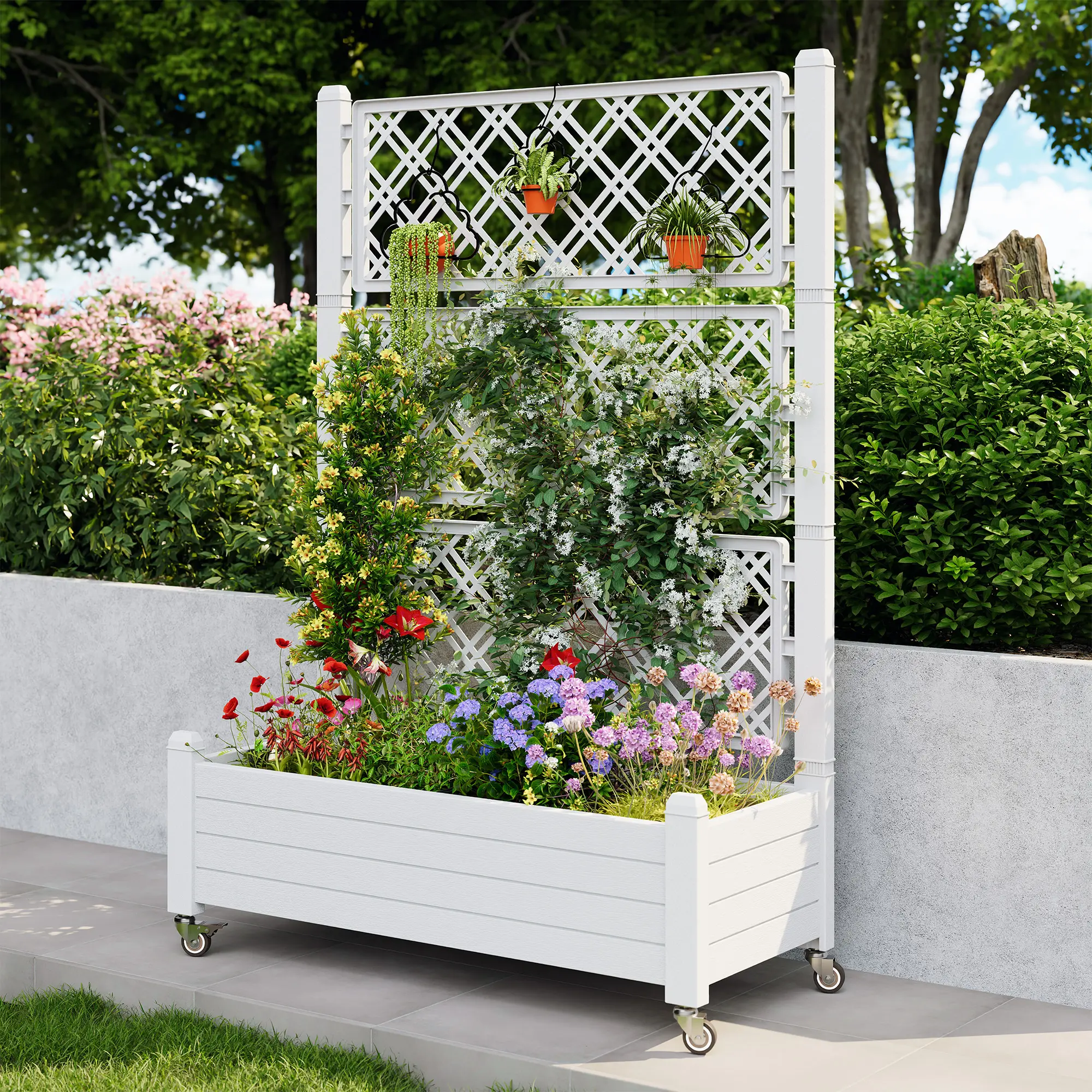 [4 Universal Casters] 61.2"H Freestanding Garden Trellis & Horticulture Planter Box with Drainage Holes, Ideal for Climbing Vine Plants Outdoor/Indoor Use, Balcony, Patio, Courtyard, Yard Elevated Raised Flower Bed, Planting Box. Summervibes