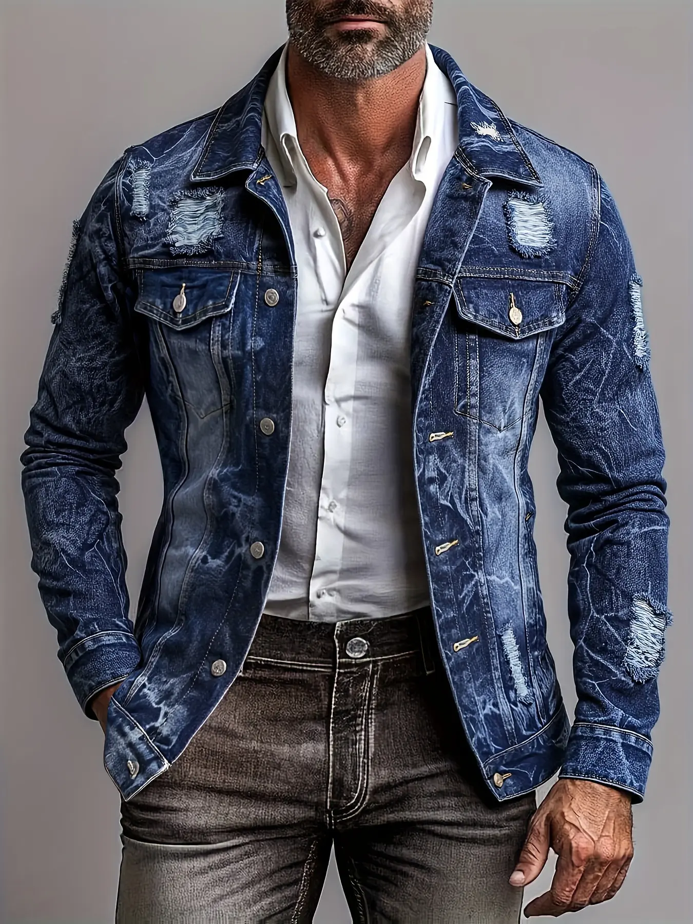 Men's Retro Denim Jacket - Slim Fit Distressed Long Sleeve Coat, Stylish Solid Outerwear for Casual or Business Wear, Coats, M, Pocket, Button, Fitted, Robust Design, Water-Wash, Tops, Pocketed Casual Trendy Coat Blue