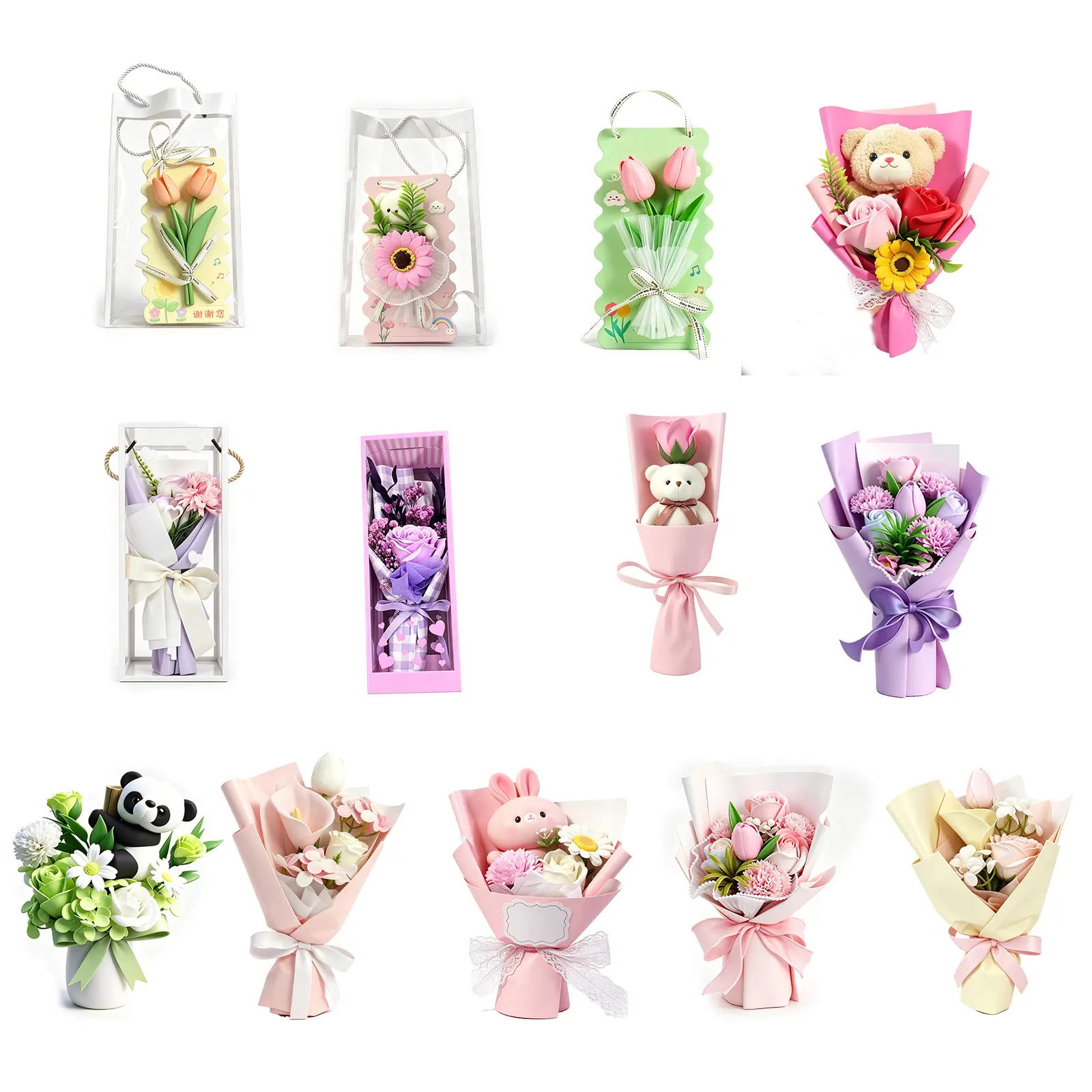 13-Pack Long-Lasting Soap Flower Bouquet Gift Set - Cute Bear/Panda Plush Toys, Bow Artificial Mixed Floral Arrangements, Ribbon & Lace, for Valentine’s Day, Home Decor, Gift Box, Floral Mix