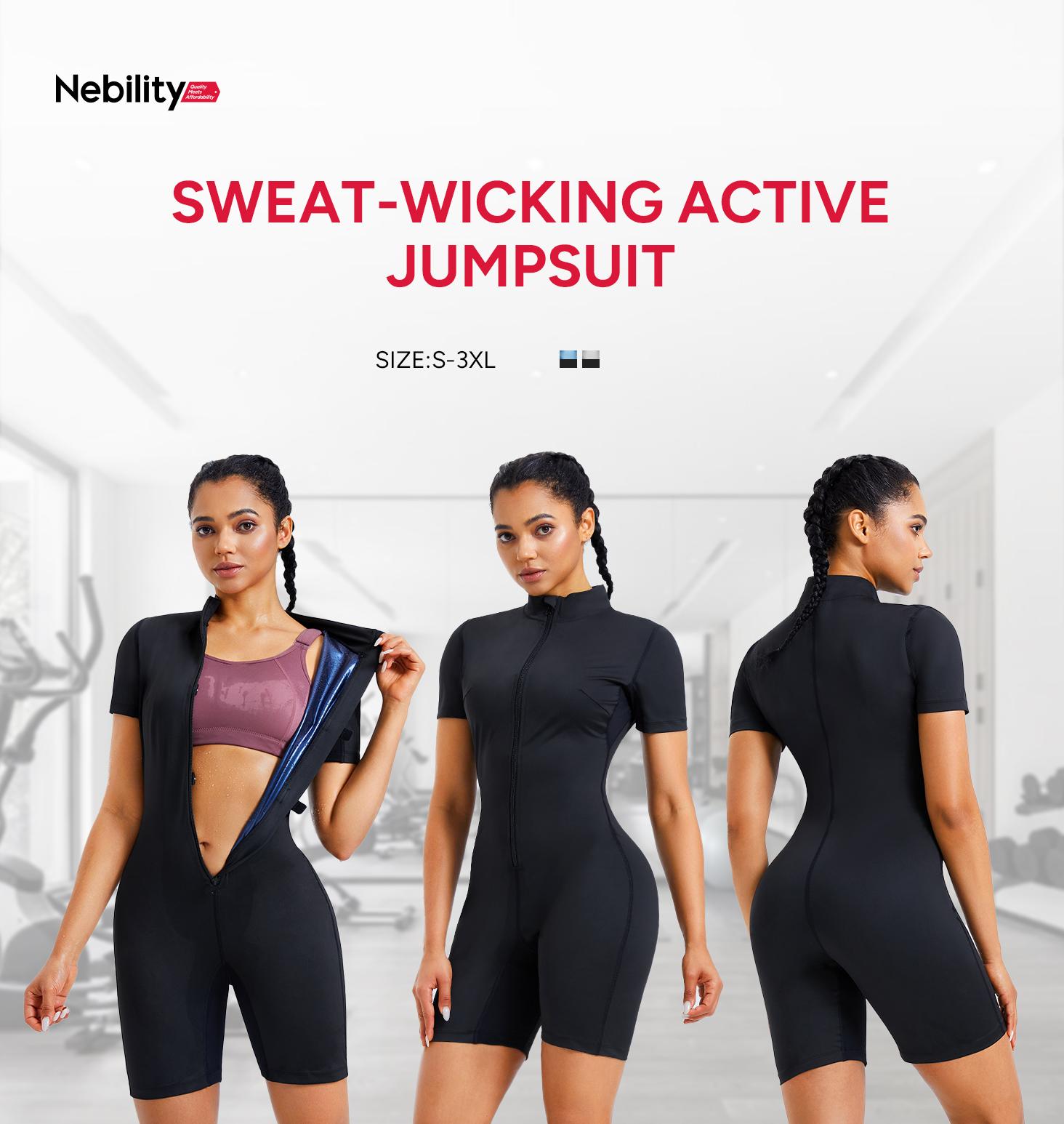 Nebility Women's Coated Athletic Zipper Workout Sweat Sauna Jumpsuit Stylish Activewear Workout Apparel Sporty Comfy Jumpsuit Tummy Control Jumpsuit Sauna Sports Jumpsuit Sports Outfits Stylish Activewear