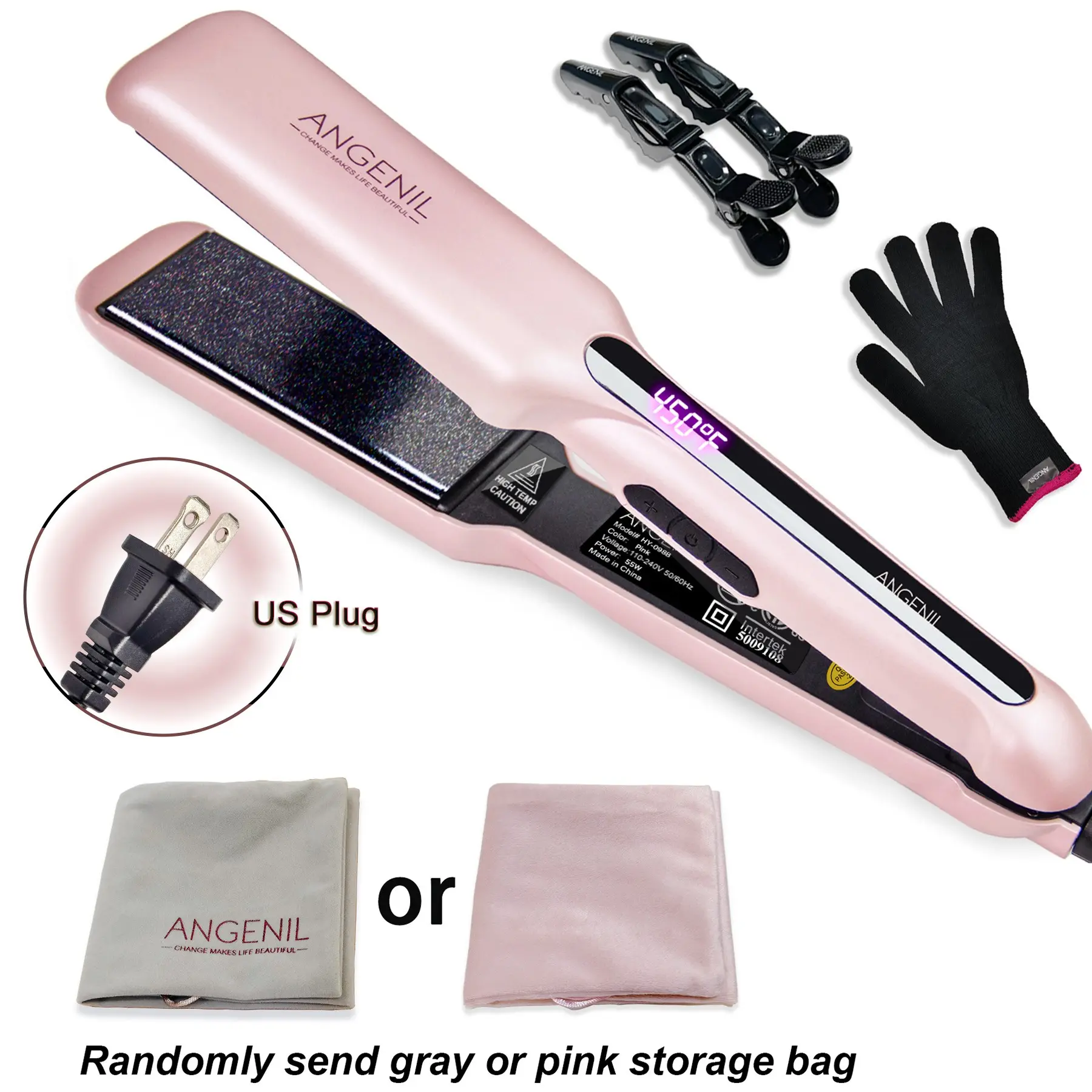 [US] ANGENIL Women's Styling Tool, Smooth Styling Tool, hair styling tools, hair straightener, Curler, with metallic glitter faceplate, 55W, dual voltage, 8 temperature settings, parties and holiday gifts, includes gloves, storage bag and hair clips