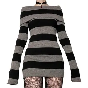 Women Gothic Dress Punk Off Shoulder Striped Knit Dress Y2k Fairy Grunge Dress Halloween Dark Academia Clothes