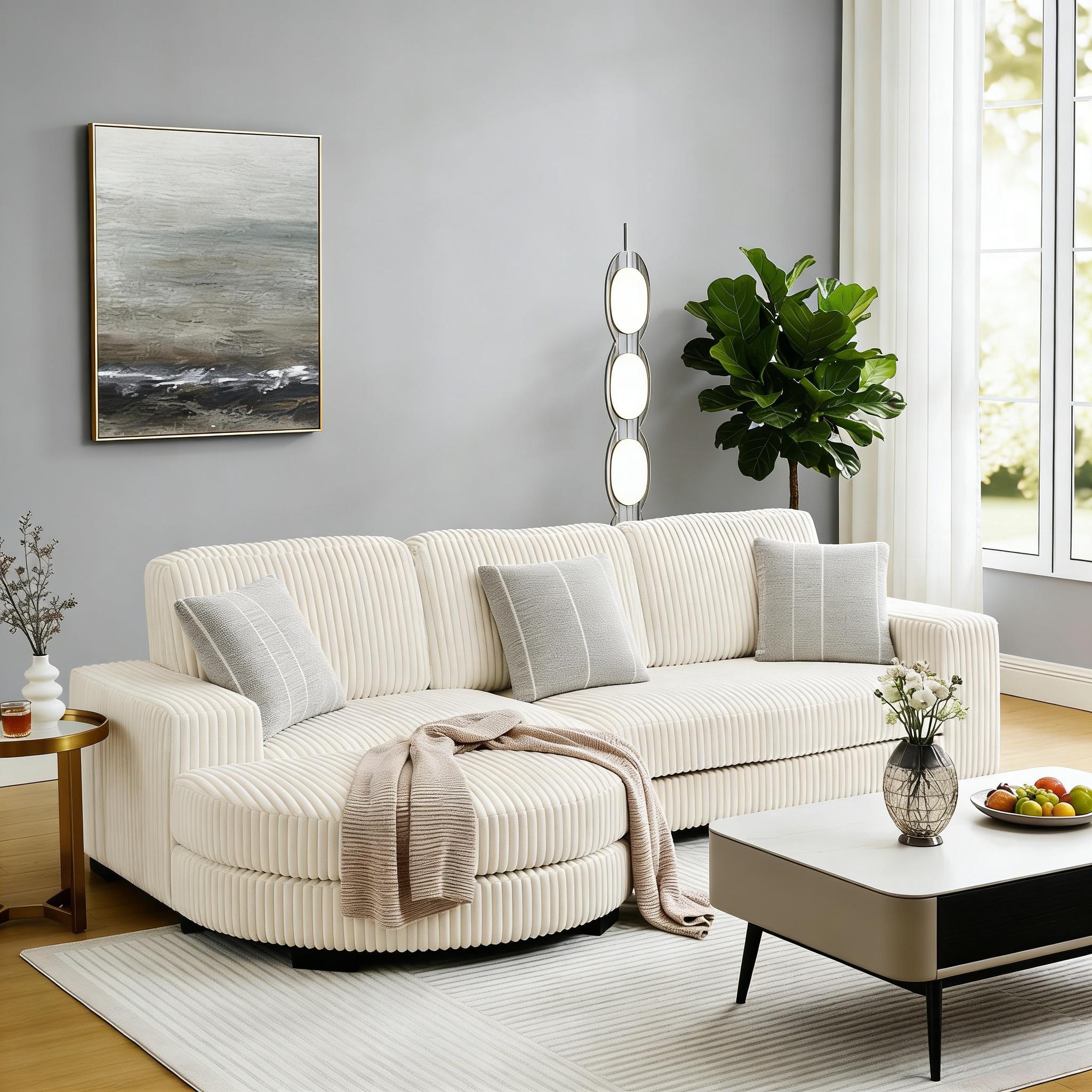 【Sub 3 packages】Niccae Modern Floor Sofa with 2 Pillows, Convertible Teddy Fabric Foam Filled Sleeper Sofa, Corduroy Tufted Upholstered Lounger, L-Shaped Modular Sectional with Ottoman, Left & Right Placement, Home Office Living Room Bedroom Apartment