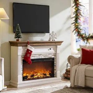 OKD 52" Rustic TV Stand – Electric Fireplace Mantel with 36" Freestanding Heater, Storage Cabinets, Remote-Controlled 3D Flame Effects