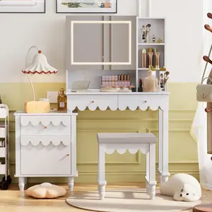 Makeup Vanity Desk With 3 Color Touch Screen Lighted Sliding Mirror, Scalloped Large Vanity Table Set with Storage & Drawers Fluted Petal Pattern Dressing Table with Cushioned Stool for Bedroom