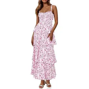 Wenrine Women's Summer Floral Maxi Dresses Sleeveless Spaghetti Strap Tie Back Ruffle Tiered Flowy Dresses