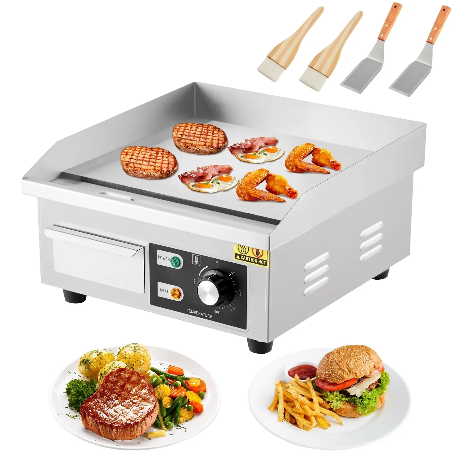 Garvee 14 Inch Commercial Electric Griddle with 1500W Power, Non-Stick Flat Top Teppanyaki Grill, Adjustable 122-572℉ Temperature, Countertop Grill Including Shovels & Brushes for Home and Restaurant Use