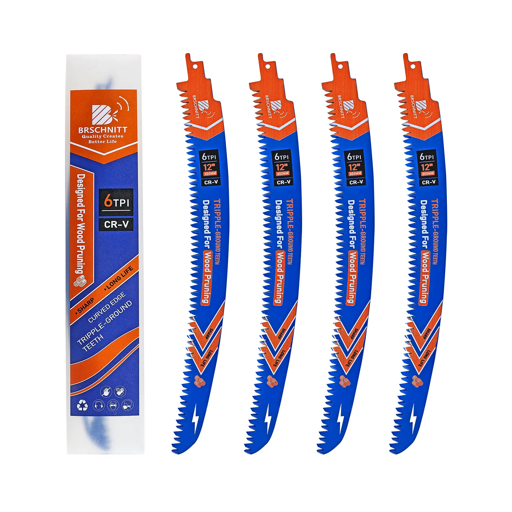 BRSCHNITT 4PCS Durable Japanese Reciprocating Saw Blades - 12in & 15in Curved Edge Wood Blades, 6 TPI for Tree Trimming, Branch Removal