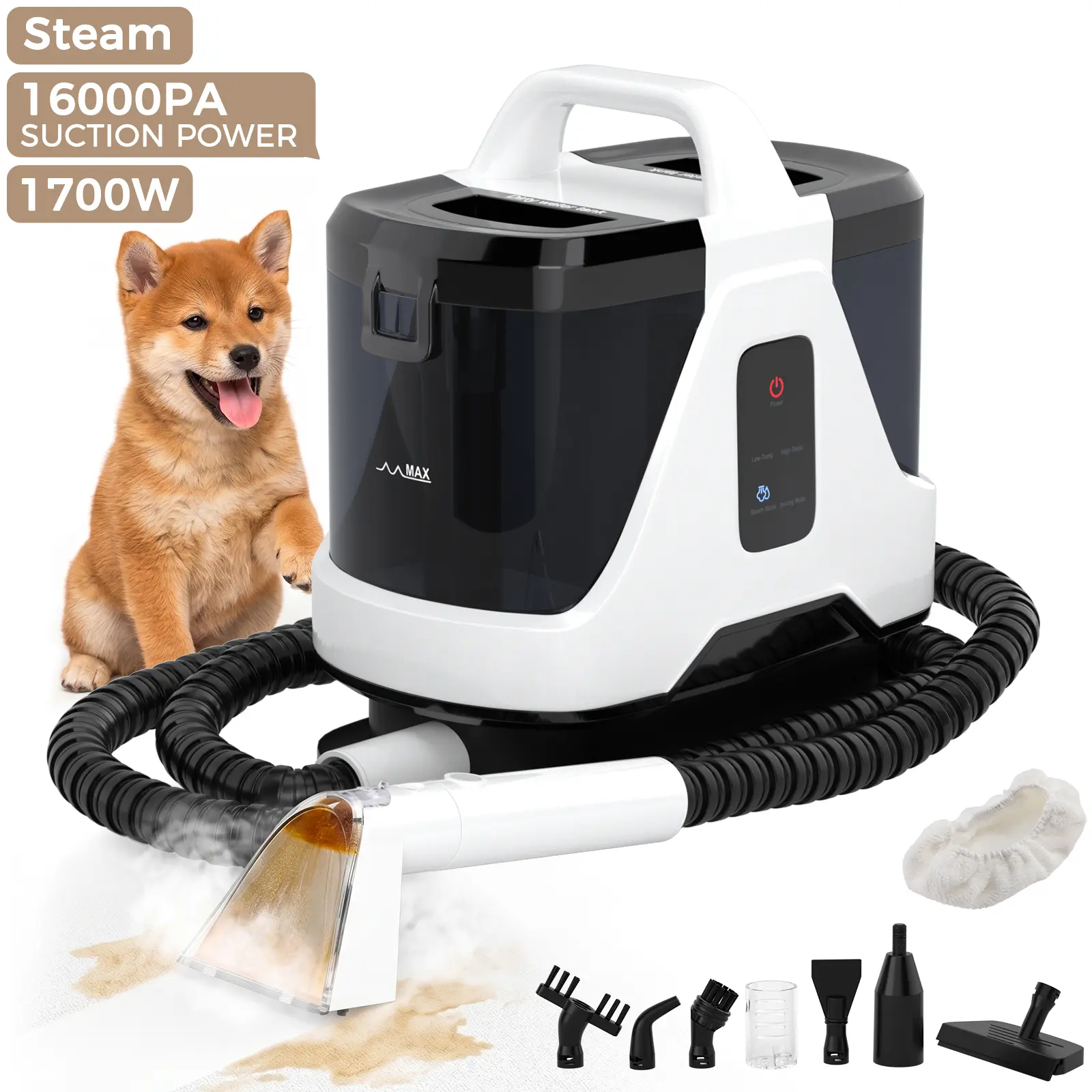 4-in-1 Steam Carpet Cleaner, Steam Cleaner for House – 216°F Disinfecting Steam, Dual Tanks, 1700W 16000Pa Suction, for Home Pets & Cars