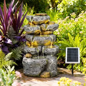 5 Tiered Solar Powered Water Fountain, Solar Water Fountain Outdoor Garden Cascading Rock Water Fall Fountains Outside with Lights for Backyard, Patio, Deck, Porch, 24" H x 13.39" L x 9.6" W Outdoor Garden Fountain