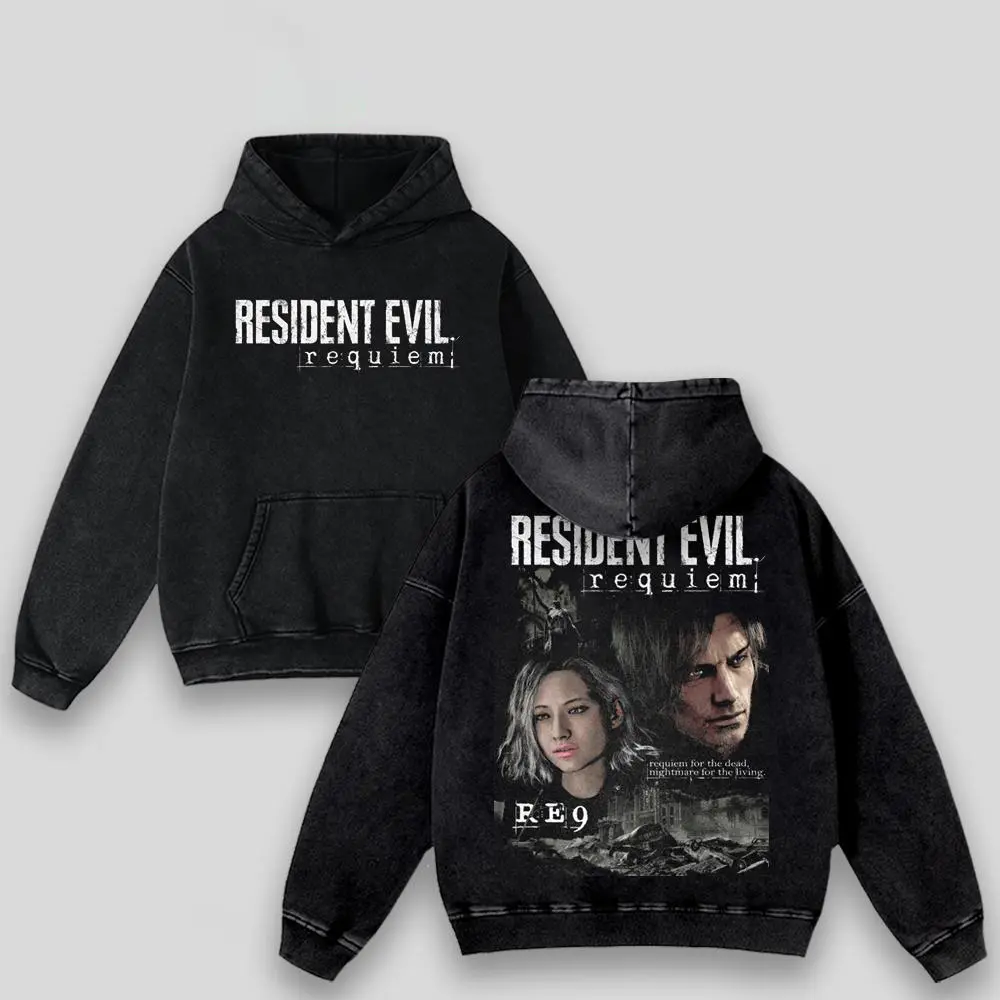 Resident Evil Re9 Remake Hoodie & T-Shirt Leon & Grace Ashcroft, Vintage Acid Wash Apparel, Survival Horror Game Merch, Gold Poster Pullover, Unisex Cotton Top