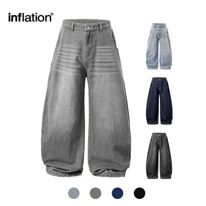 inflation Men's Washed Balloon Baggy Cargo Jeans - Pull-On Oversized Wide-Leg Denim Pants with Pockets, Classic Chic Comfy Long Menswear Clothes for Casual Streetwear