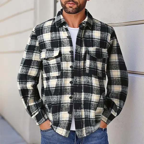 Men’s Black & White Plaid Flannel Shirt Jacket – Terry Fabric, Button Closure, Casual Style, Perfect for Autumn Layering and Streetwear Essentials