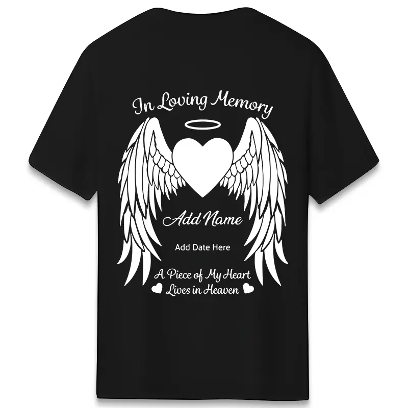 Custom Memorial Tribute Back Graphic Shirt Angel Wings Halo Heart Remembrance Family Sympathy Gift