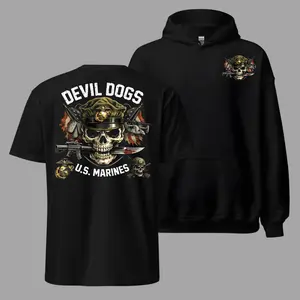 Devil Dogs U.S. Marines T Shirt and Hoodie 2 Sides, USMC Skull Combat Graphic Tee, Soft Cotton Blend T Shirt, Patriotic Marine Corps Apparel for Men & Women, Marine Veteran Gift
