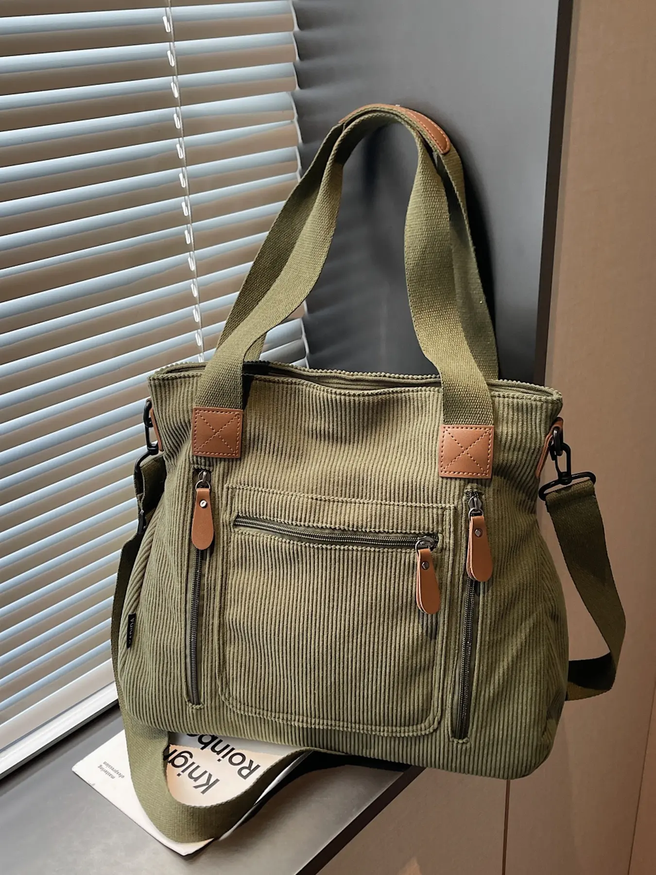 Vintage Workwear Style Corduroy Tote Bag, Multi-Color, Multiple Pockets, Commute School Versatile Handbag, Crossbody Shoulder Bag for Women