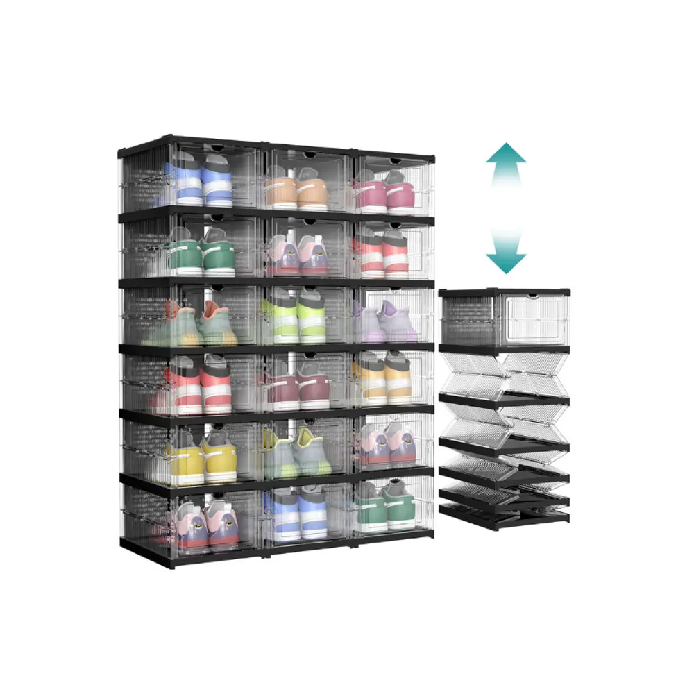 SONGMICS HOME Collapsible Transparent PP+PS Plastic 3-Layered 6-Cube Shoe Rack Organizer, Foldable Stackable Portable, PP Body Resists Daily Shoe Wear, Room Storage House Organizers for US Size 13