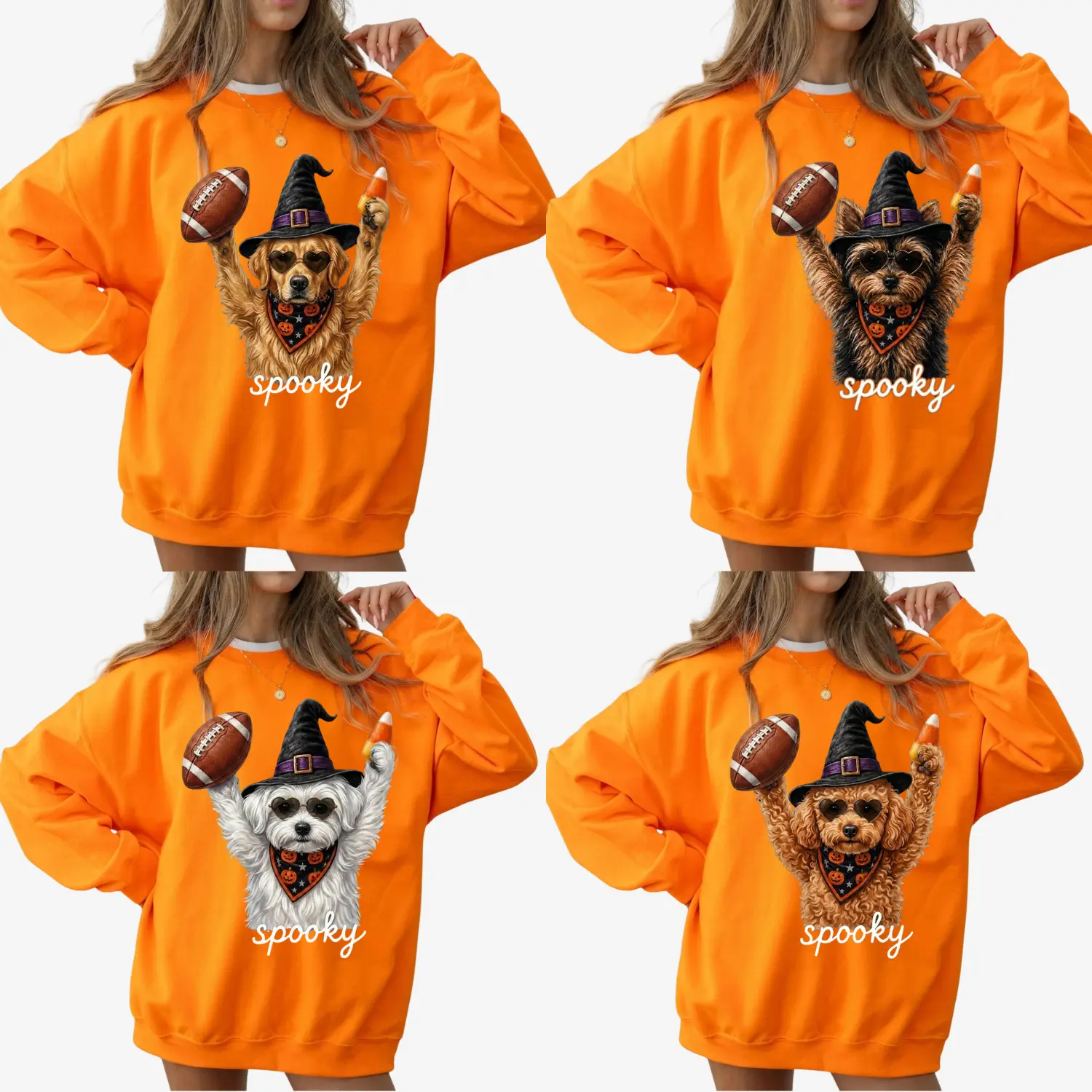 Women's Printed Hoodie - 30+ Dog Breeds Football Halloween Design, Long Sleeve Round Neck Casual Clothes, Spooky Puppy Game Day Fall Sports Fan Pullover