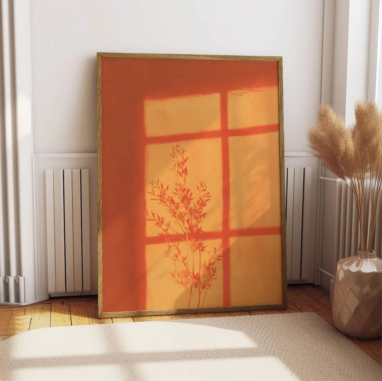 [Sale Up To 40%] [Unframed Poster] Sunset Window Shadow Print, Warm Terracotta Botanical Wall Art, Golden Hour Plant Poster, Minimalist Aesthetic Nature Decor Print