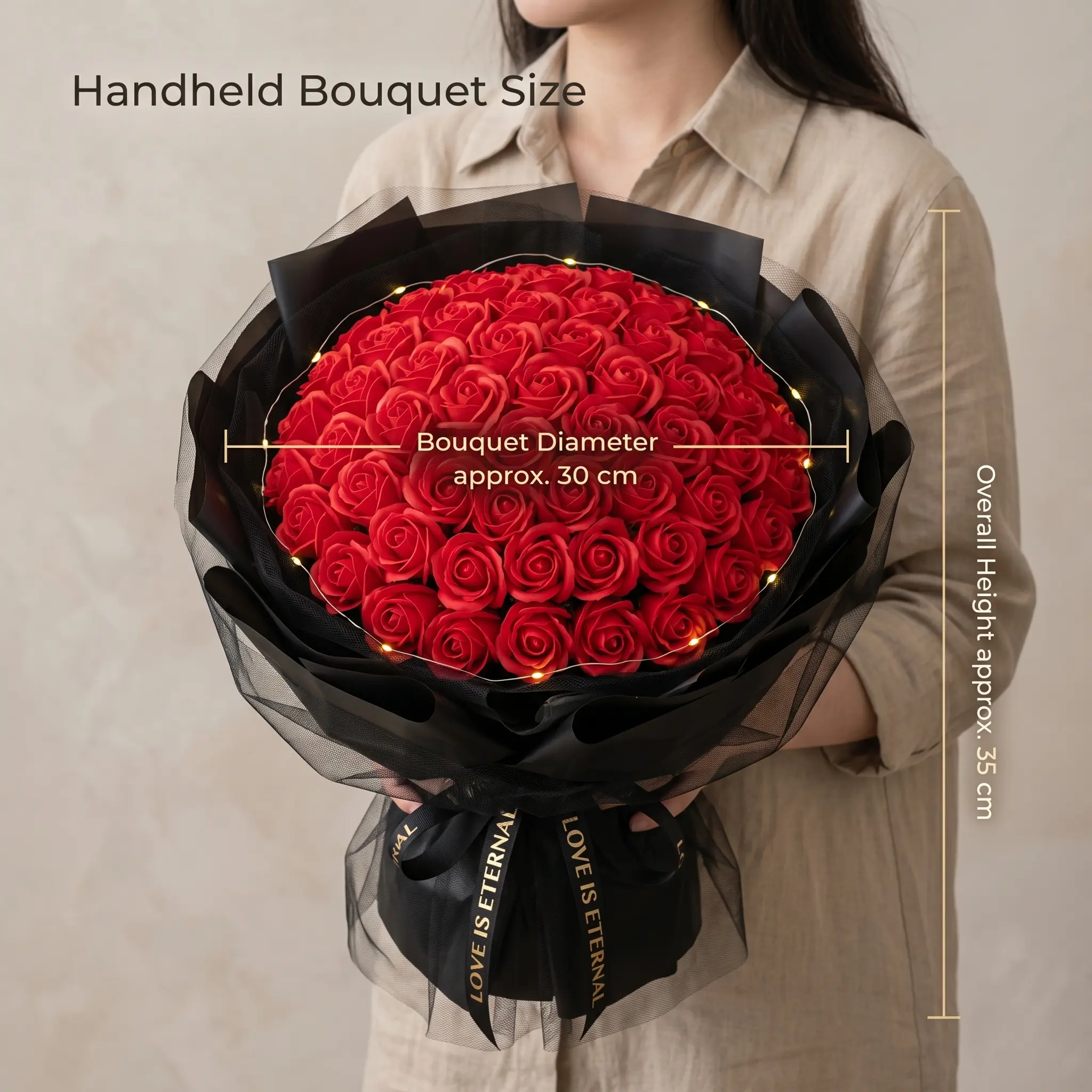 【US】PeaWove 52 Pcs Handheld Eternal Love Rose Bouquet 35cm with LED Lights | Premium Scented Faux Flowers Birthday Gift Ready Set