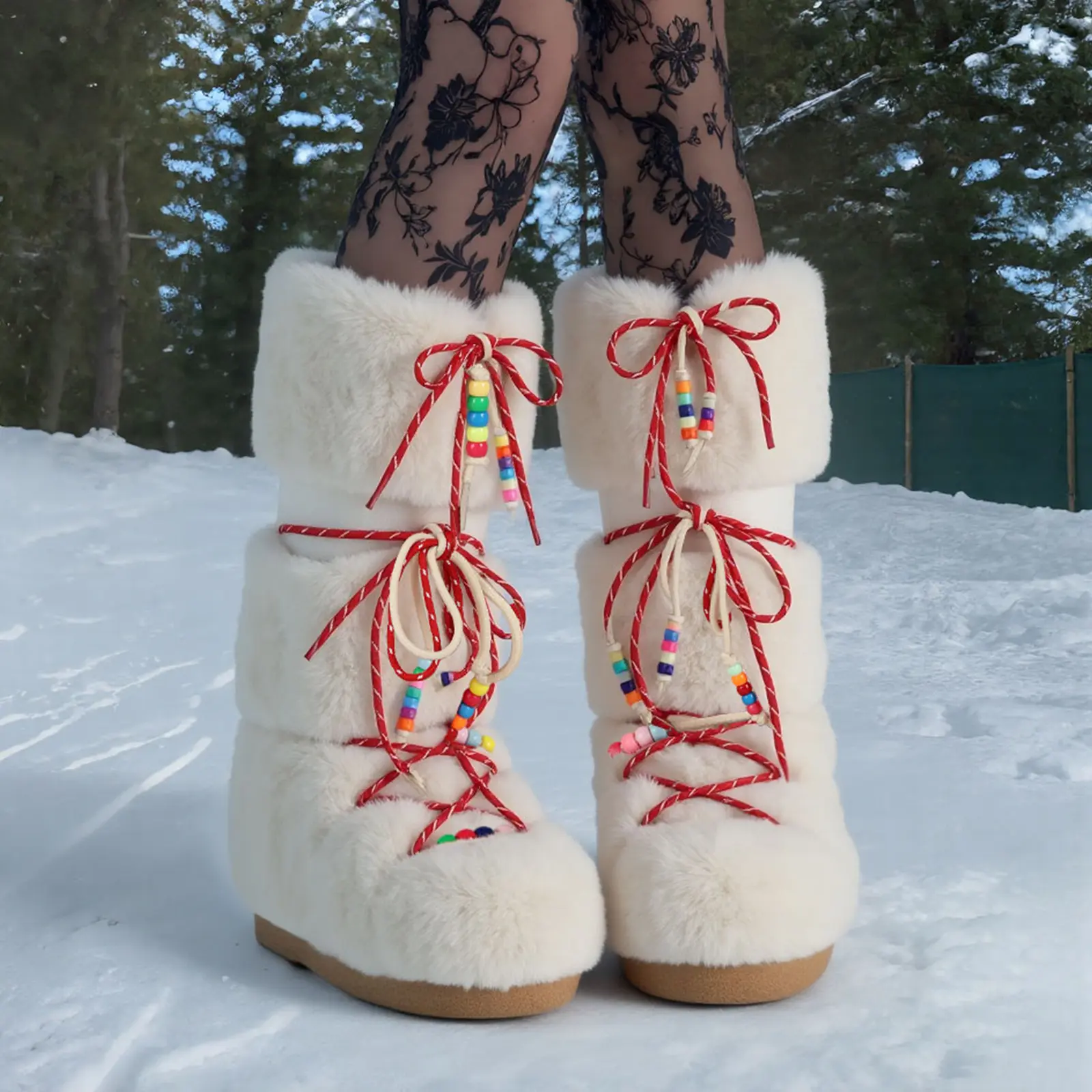 Women's Snow Boots Faux Fur Platform Boots Round Toe Warm Boots Wide-friendly with Colorful Laces and Soft Faux Fur