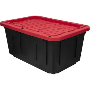 27 Gallon Plastic Storage Bin Tote Organizing Container With Secure Latching Buckles, Stackable and Nestable Snap Lid Plastic Storage Bin, 1 Pack, Black Base/Red Lid