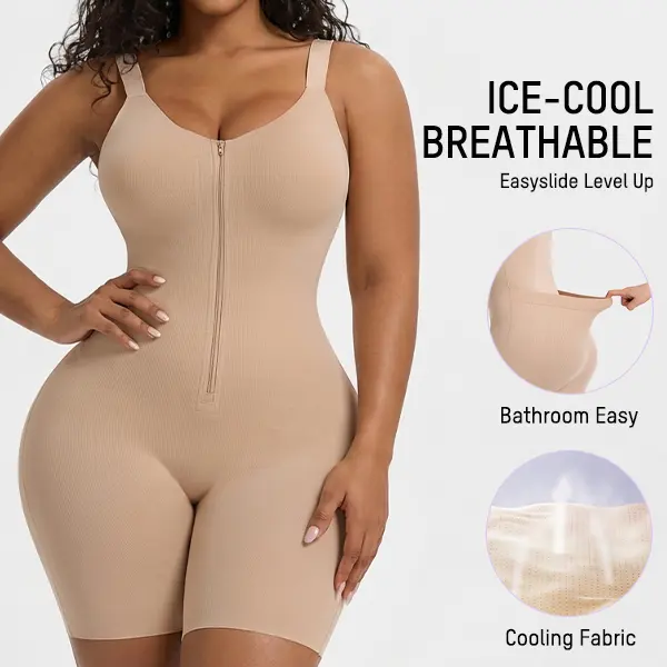 SHECURVE Easyslide Bathroom Friendly Shapewear for Women Cooling Seamless Zip-Up Faja Tummy Control Butt Lift Full Body Shaper with Breathable Mesh Adjustable Straps for New Mums & Postpartum