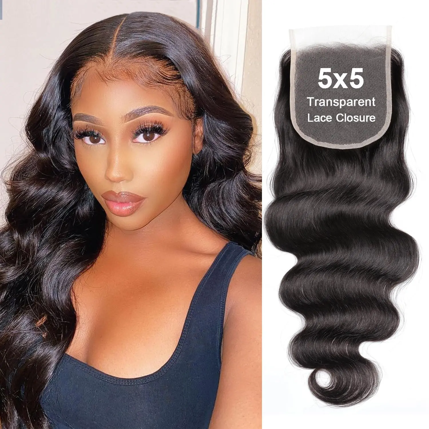 VIPbeauty 5x5 Ultra-thin Transparent Lace Closure Body Wave 12A Brazilian Virgin Human Hair Closure Free Part Pre Plucked with Baby Hair Natural Black