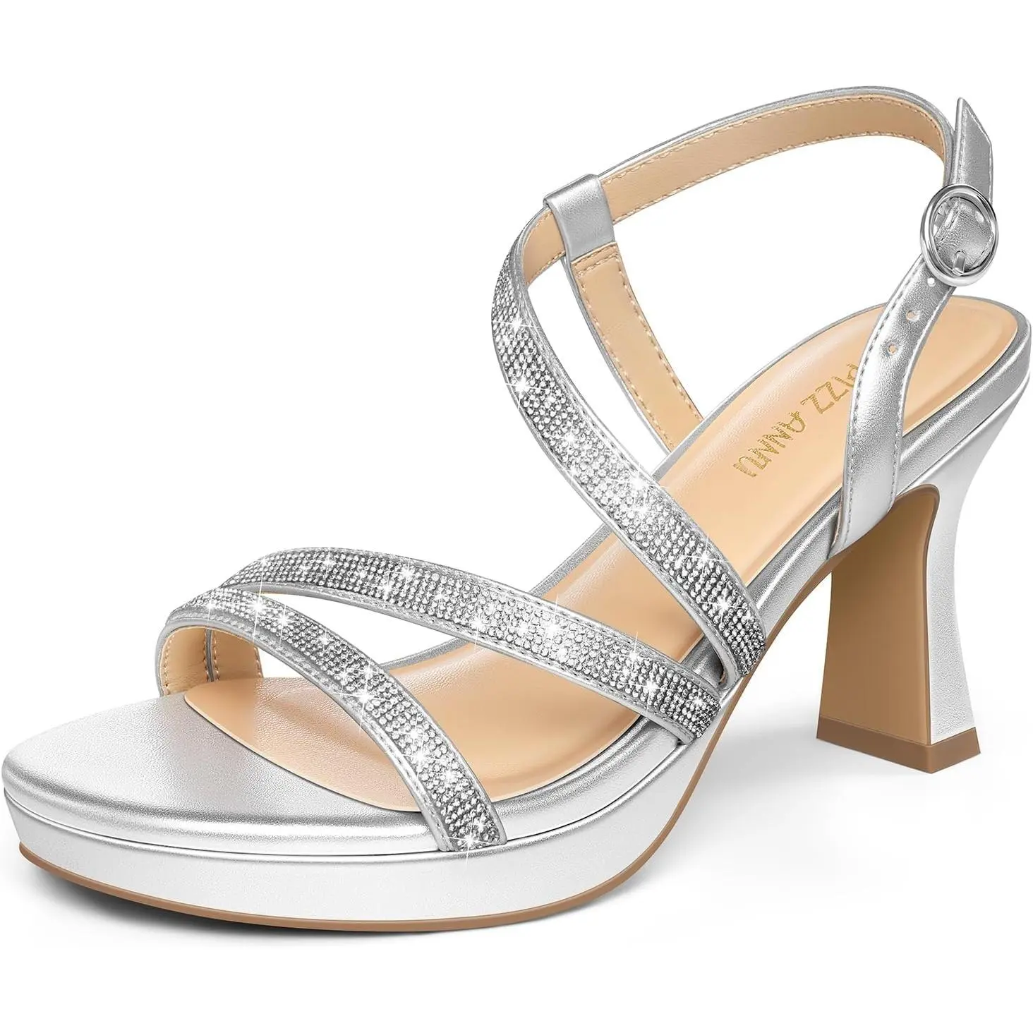PIZZ ANNU Women's SoleBella Heeled Sandals - 3-in Block Platform Chunky Heels, Open Toe, Ankle Strap, Comfortable Embellishment Footwear, Dress Shoes for Wedding, Party, Embellishment Women's Sandals