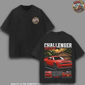 Dodge Challenger Hellcat SRT Graphic Tee | Oversized Acid Wash T-Shirt | Cartoon American Muscle Car Streetwear | Retro Y2K Aesthetic Heavy Cotton Racing Shirt for Mopar Fans