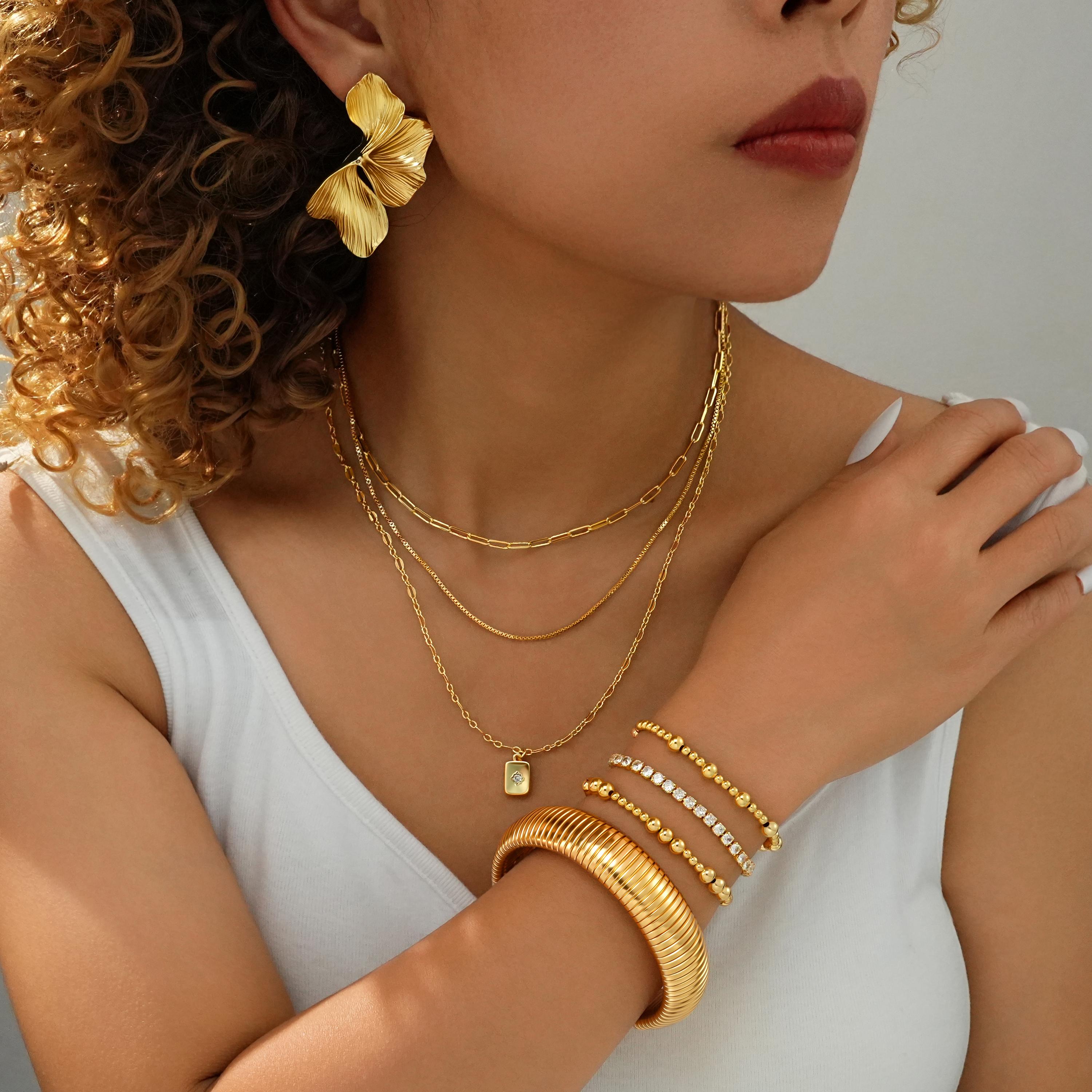 Women's 14K Gold Plated Chunky Stackable Bracelets Set (3PCS), 17KM Waterproof Non-Tarnish Gold Jewelry, Summer Accessory Gifts for Her, Gold Plated Bracelet, Stackable Bracelet,sohochic