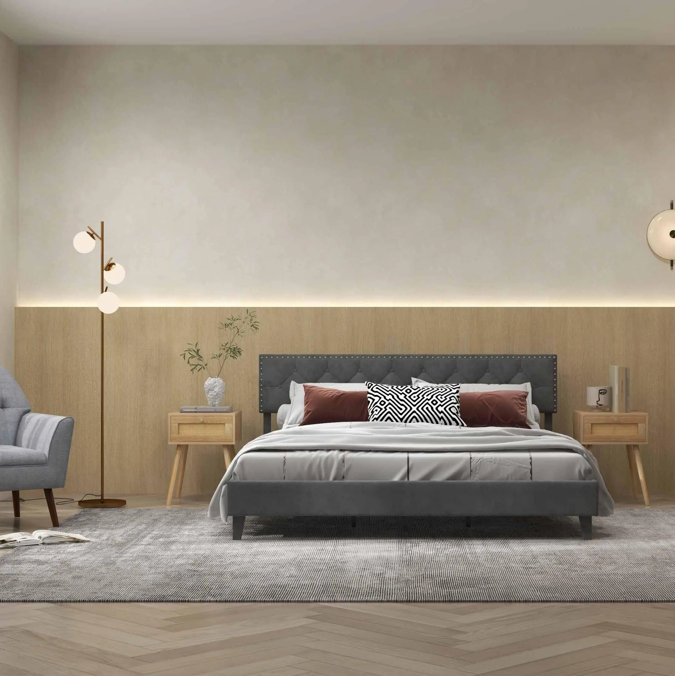 COSTWAY - Modern 3-Piece Bedroom Furniture Set with Upholstered Queen Bed, 2 Rattan Nightstands and 3-Globe Floor Lamp