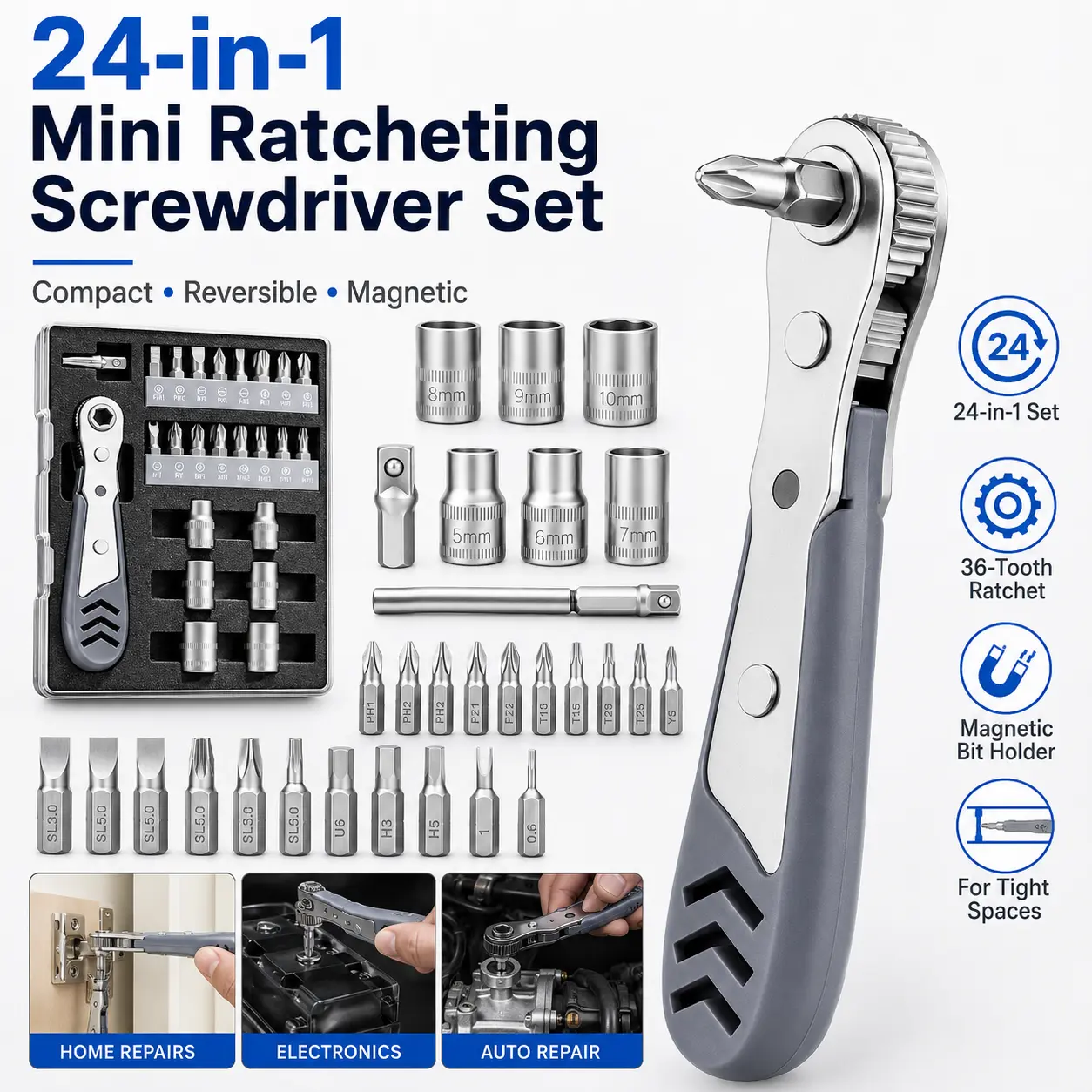 Professional Ratchet Toolset - Multi-Functional Mini Ratchet Magnetic Wrench Set, Metric Socket & Screwdriver Bits Kit to meet all disassembly needs for furniture, bicycle, electronic equipment, car maintenance,DIY Enthusiasts And Mechanics