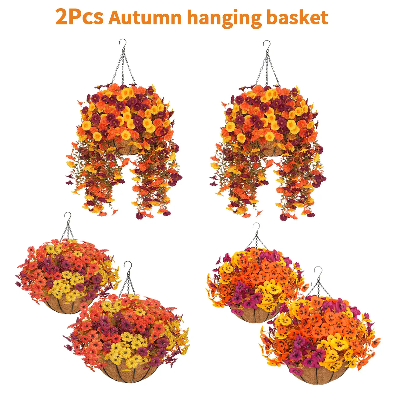 2Pcs UV-Resistant Artificial Hanging Flower Baskets - New Arrival Daisies,Pansies,Trailing Morning Glories Arrangement - No-Upkeep Fall Decor for Porch,Patio