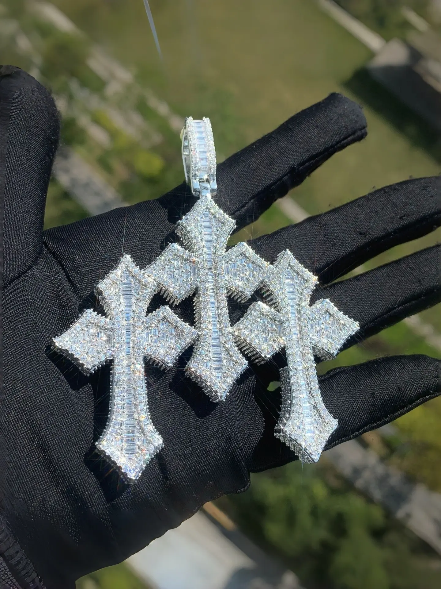 Iced Out Triple Cross Pendant Necklace, Faith Necklace, Faith Style Necklaces, 14K Gold/Silver Plated Baguette & Round Cut CZ Bling Cross, Hip Hop Religious Jewelry, Copper Inlaid Zircon Necklace, Men's Hip Hop Accessories