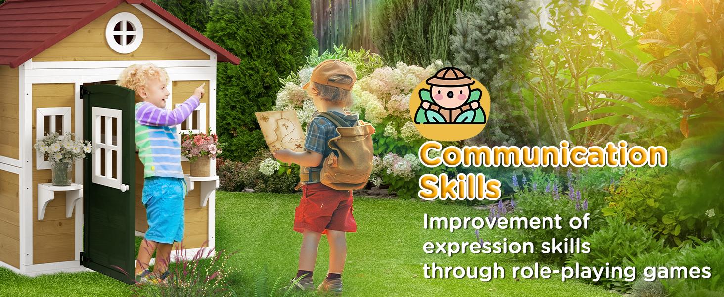 Outsunny Playhouse for Kids Outdoor, Country Style Wooden Playhouse with Flower Pot Holders, Working Door, Windows, Service Stations for 3-7 Years