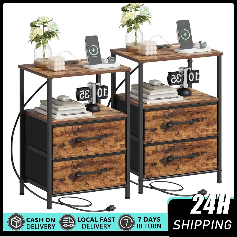 Small Nightstands with Charging Station and 2 Fabric Drawers-Nightstand with Open Storage Shlef for Bedroom, Bedside Table Furniture with USB Ports and Outlets, End Bed Side Table, Rust Nightstands Set of 2, Night Stand with Charging Station tiktokshopspr