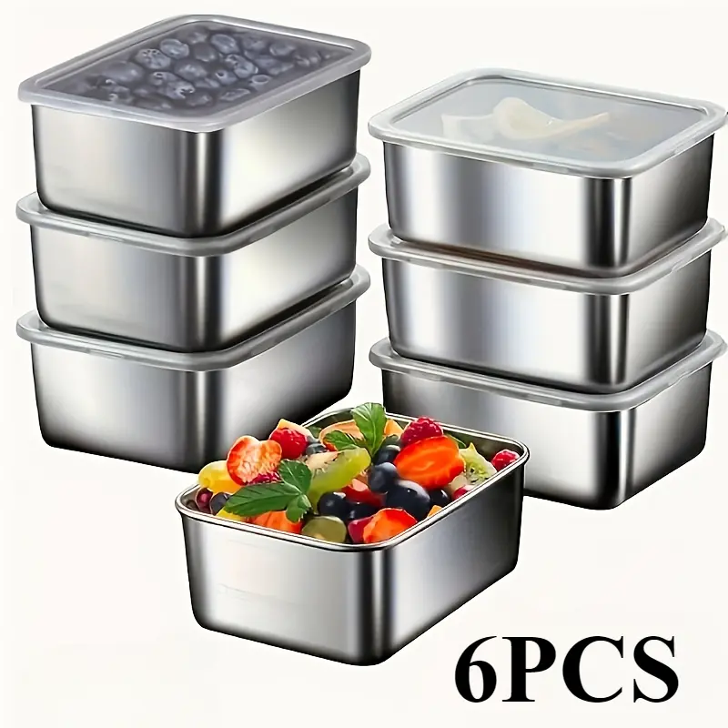 6-Pack Food Grade Stainless Steel Square Storage Containers with Lids - Leak-Proof, Stackable, BPA-Free, Reusable, Dishwasher-Safe Kitchen Utensils Set with BPA-Free Compartments for Fridge, Camping
