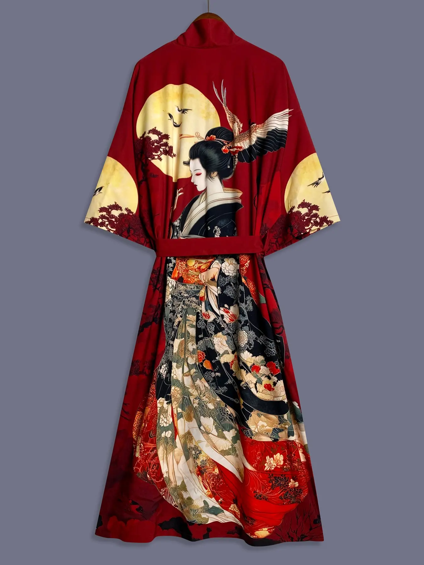 Traditional Ethnic Style Japanese Beauty Print Long Sleeve Satin Ethnic Pattern Kimono Cardigan, Kimono Robes, Women's Elegant Street Clothes, Womenswear