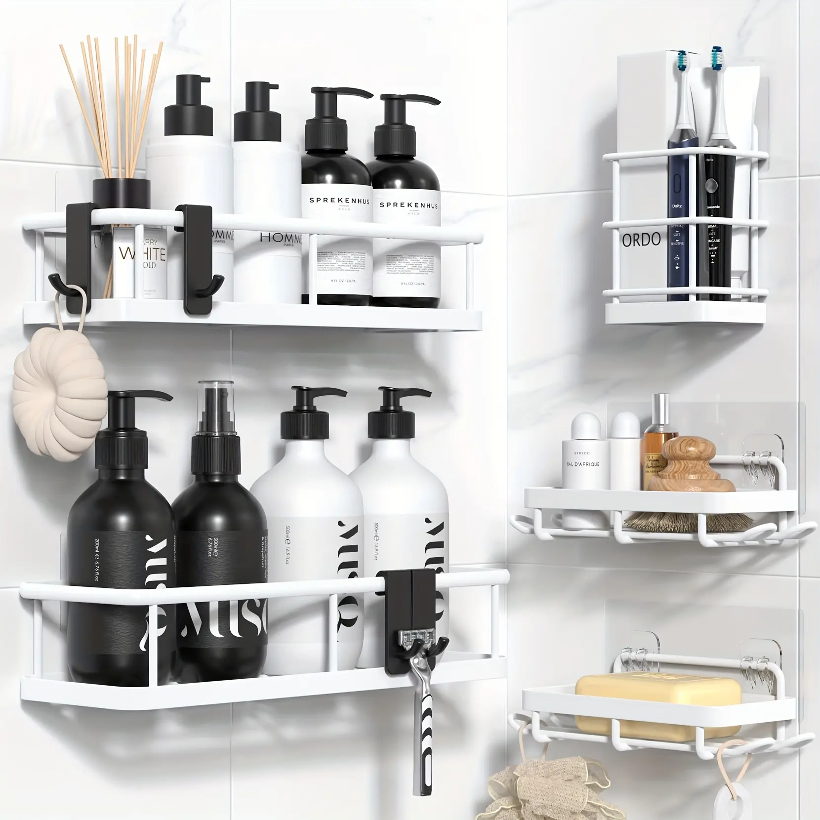 Modern Stainless Steel Bathroom Accessory Set - 5-Pack No-Drill Adhesive Shower Caddy with Shelves, Soap Holder, Rustproof Storage for Bathroom, Bathtub, Jabukosu